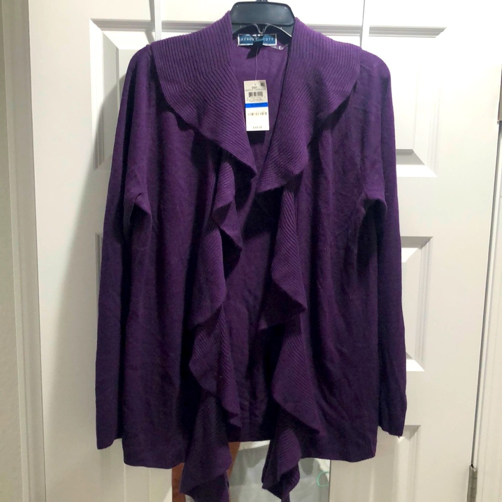 NWT Karen Scott Ruffle purple dynasty Cardigan